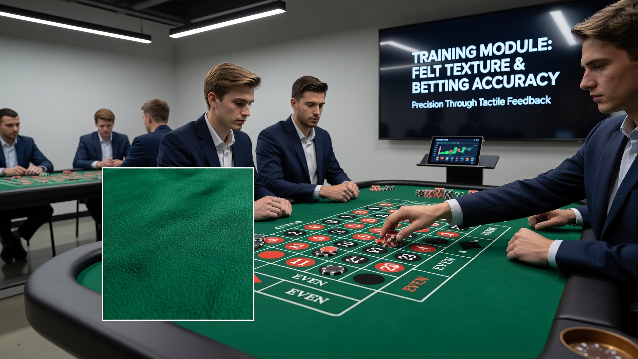 Roulette-Tisch in einer Trainingsakademie mit mehreren Chips auf unterschiedlichen Feldern und sichtbarer Filzstruktur