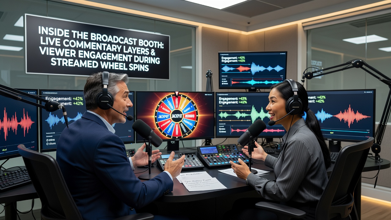 Blick in ein professionelles Broadcast-Studio mit Kommentatoren während eines Live-Roulette-Streams und technischen Overlay-Elementen