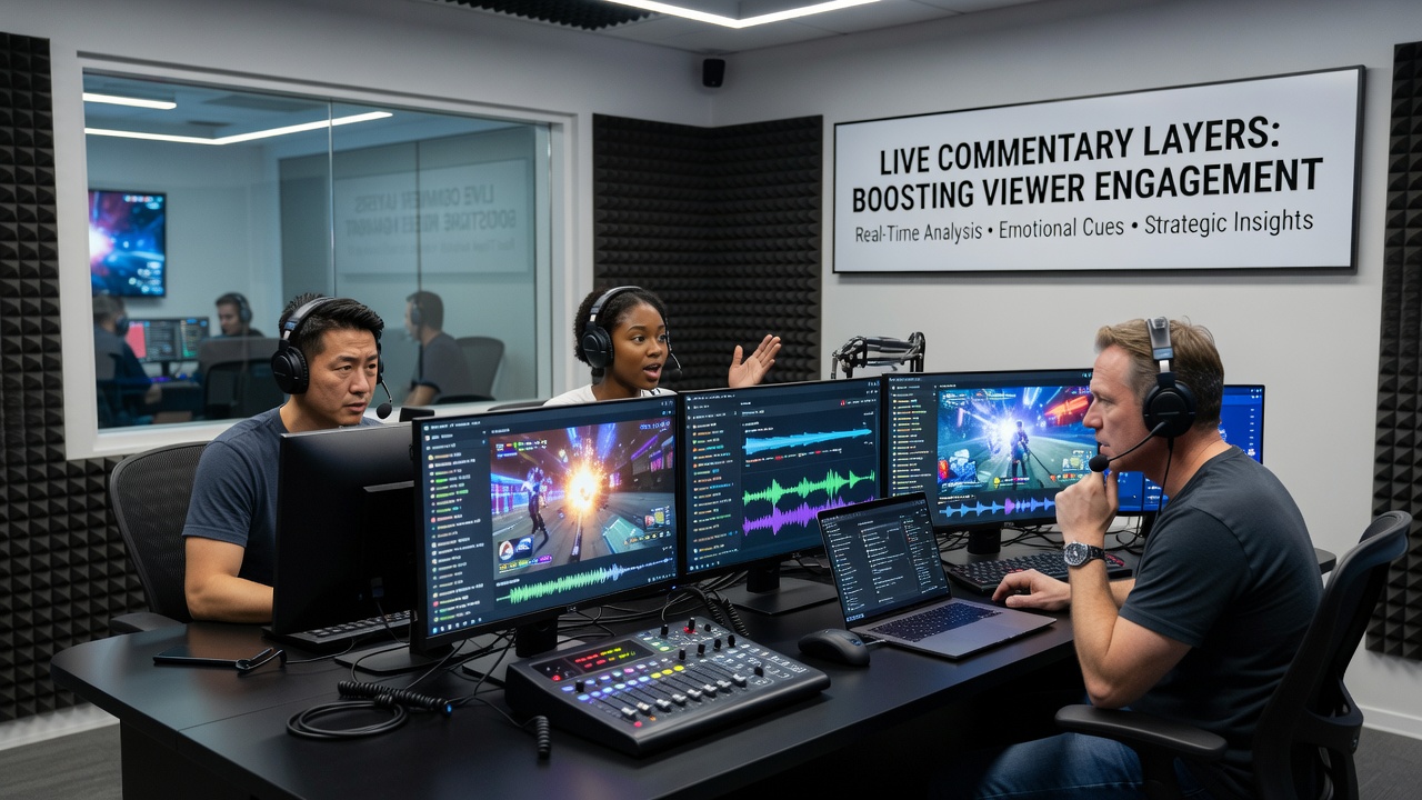 Kommentatoren bei der Arbeit mit mehreren Monitoren und Live-Overlays während eines Roulette-Streams