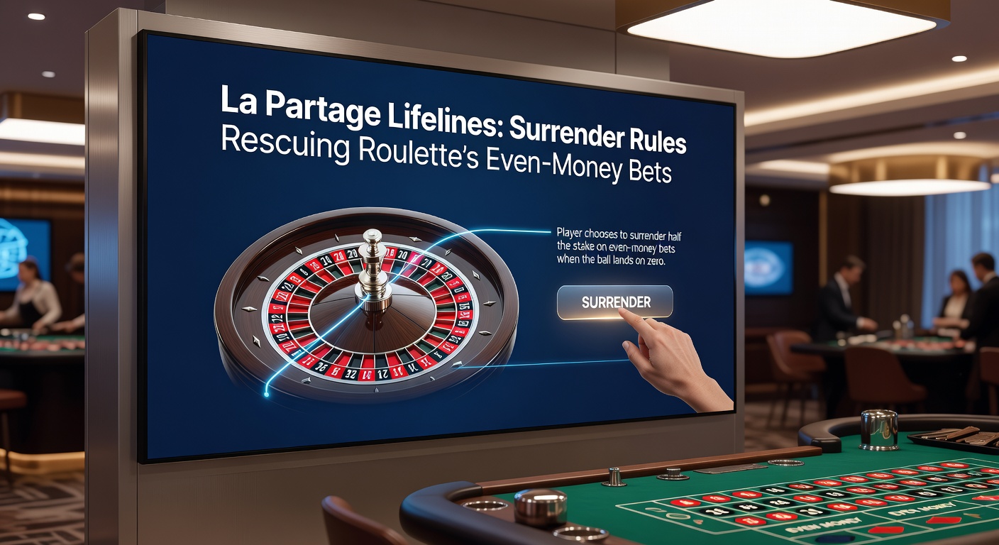 Detaillierte Grafik eines Roulette-Tisches mit Even-Money-Bereichen und Pfeilen, die La Partage- und En-Prison-Abläufe zeigen