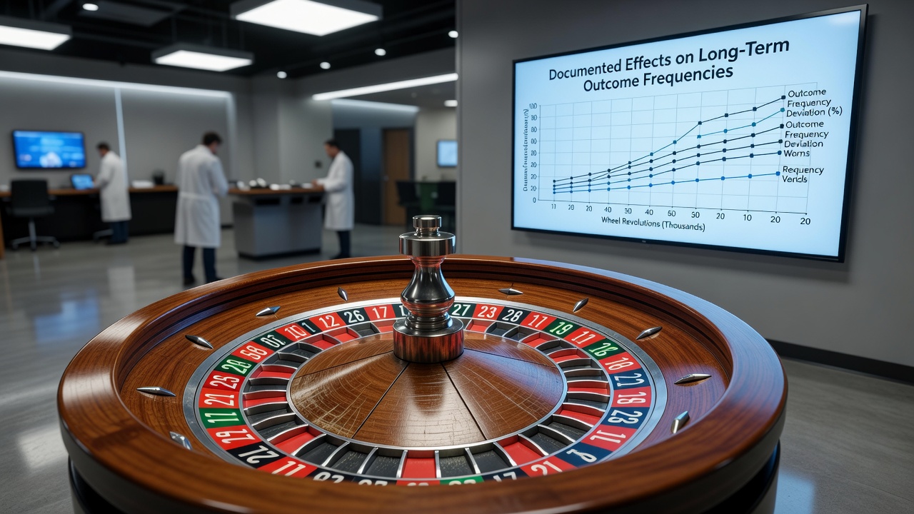 Techniker bei der Inspektion eines Roulette-Rads in einem Casino mit Messwerkzeugen